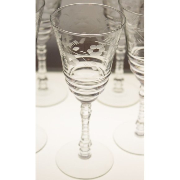 7 Rock Sharpe Halifax Water Goblet Crystal Glass Floral Etch Cut Stem Circa 40s - Picture 3 of 8